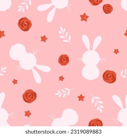 Seamless pattern with bunny rabbit cartoons, rose flower, star and branches on pink background vector illustration.