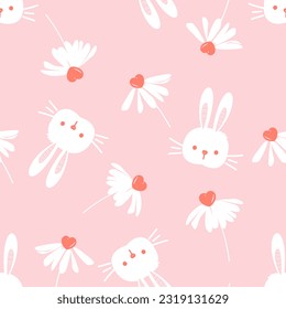 Seamless pattern of bunny rabbit cartoons and cute daisy flower with heart shape pollen on pink background vector illustration. Cute childish print.