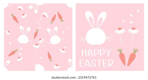 Seamless pattern with bunny rabbit cartoons, daisy flower and carrots on pink background vector illustration. 