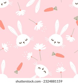 Seamless pattern with bunny rabbit cartoons, carrot and daisy flower on pink background vector illustration.