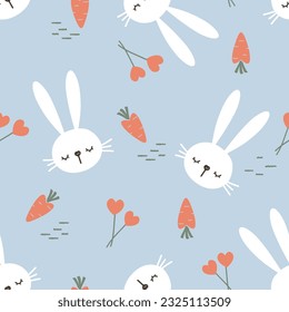 Seamless pattern with bunny rabbit cartoons, heart shape flower and carrot on blue background vector illustration.
