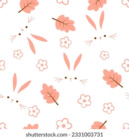 Seamless pattern with bunny rabbit cartoons, autumn leaves and cute flower on white background vector illustration. 