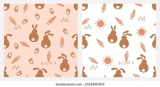 Seamless pattern with bunny rabbit cartoons, paw print, sun, carrot on orange and white background vector illustration. Cute childish print.