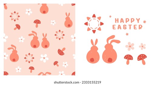 Seamless pattern with bunny rabbit cartoons, daisy flower, mush room and sun on orange background. Happy Easter icon set.