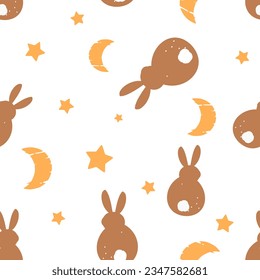 Seamless pattern with bunny rabbit cartoons, moons and stars on white background vector illustration. Cute childish print. 