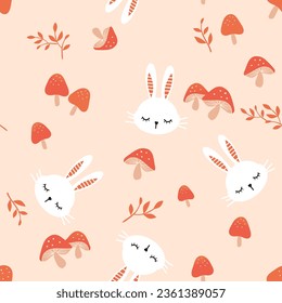Seamless pattern with bunny rabbit cartoons, mushroom and autumn branch on orange background vector illustration.