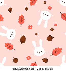 Seamless pattern with bunny rabbit cartoons and Autumn leaves on pink background vector illustration.