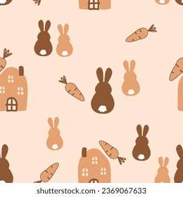 Patrón sin foco con caricaturas de conejo conejo conejo conejo, zanahoria y casa en ilustración vectorial de fondo anaranjado. 