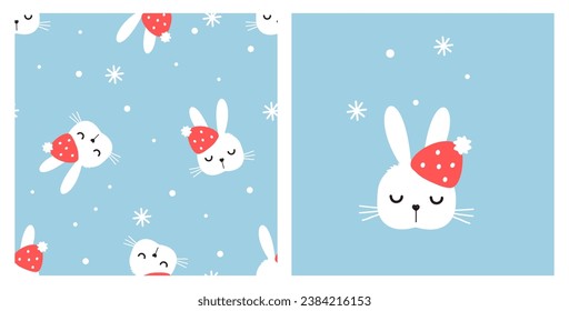 Seamless pattern with bunny rabbit cartoons, Christmas hat and snowflakes on blue background vector illustration.