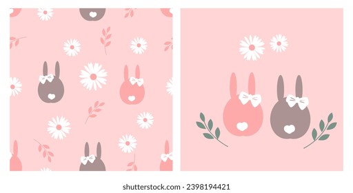 Seamless pattern with bunny rabbit cartoons, daisy flower and branch on pink background vector illustration.