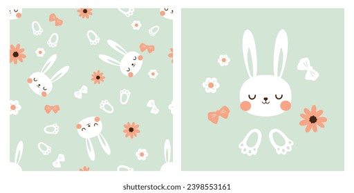 Seamless pattern with bunny rabbit cartoons, daisy flower and footprint on green background vector illustration.