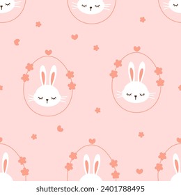 Seamless pattern with bunny rabbit cartoons, Easter egg and cute flower on pink background vector.