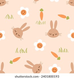 Seamless pattern with bunny rabbit cartoons, green grass, carrot and daisy flower on orange background vector.