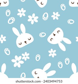 Seamless pattern with bunny rabbit cartoons, foot print and daisy flower on blue background vector illustration.