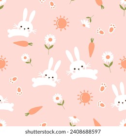 Seamless pattern with bunny rabbit cartoons, sun, foot prints, carrot and daisy flower on pink background vector. Cute childish print.