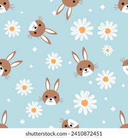 Seamless pattern with bunny rabbit cartoons and daisy flower on blue background vector illustration. Cute childish print.