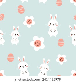 Seamless pattern with bunny rabbit cartoons, Easter eggs and daisy flower cartoons on green background vector illustration.