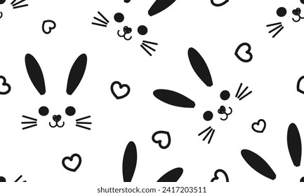 Seamless pattern with bunny rabbit cartoons and hearts on white background vector illustration. Cute childish print.