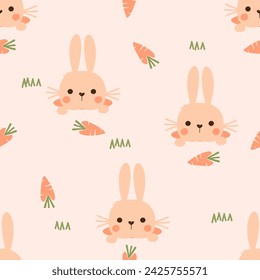 Seamless pattern with bunny rabbit cartoons and carrot on orange background vector illustration.