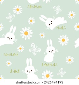Seamless pattern with bunny rabbit cartoons, daisy flower, grass and butterflies on green background vector illustration.