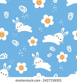 Seamless pattern with bunny rabbit cartoons, foot print and daisy flower on blue background vector illustration.