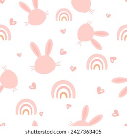 Seamless pattern with bunny rabbit cartoons, rainbows and hand drawn hearts on white background vector illustration.