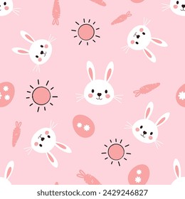 Seamless pattern with bunny rabbit cartoons, Easter egg, sun and carrot on pink background vector illustration.