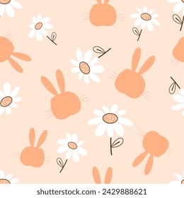 Seamless pattern with bunny rabbit cartoons and daisy flower on orange background vector illustration. Cute childish print. 