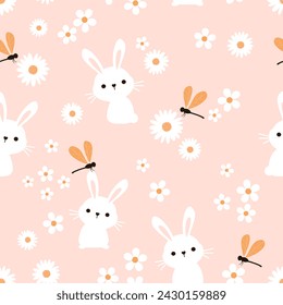 Seamless pattern with bunny rabbit cartoons, dragonflies and daisy flower on pink background vector.