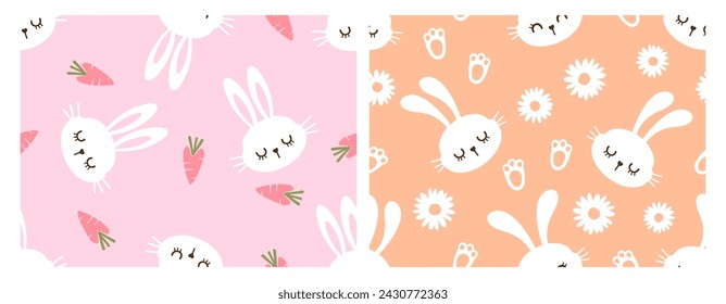 Seamless pattern with bunny rabbit cartoons, carrot, foot print and daisy flower on pink and orange backgrounds vector. Cute childish print. 