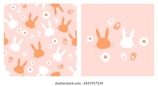 Seamless pattern with bunny rabbit cartoons, foot print and daisy flower on pink background vector.