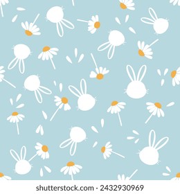 Nahtloses Muster mit Kaninchen-Cartoons, Gänseblümchen und Blütenblätter auf blauem Hintergrund Vektor.