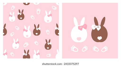 Seamless pattern with bunny rabbit cartoons and foot print on pink background. White and brown rabbit cartoons and foot print icon set.