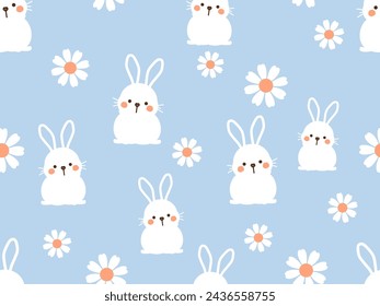 Seamless pattern with bunny rabbit cartoons and daisy flower on blue background vector.