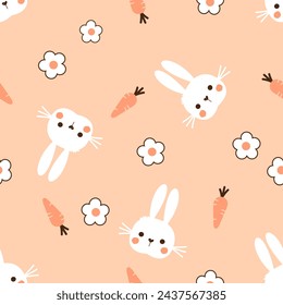 Seamless pattern with bunny rabbit cartoons, carrot and white flower on orange background vector.