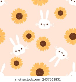Seamless pattern with bunny rabbit cartoons and sunflower on orange background vector.