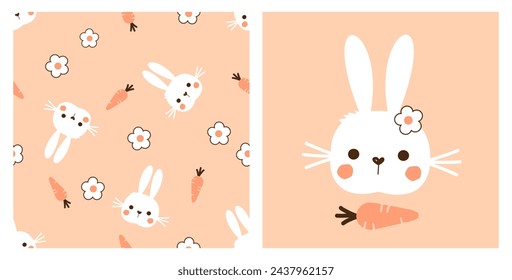 Seamless pattern with bunny rabbit cartoons, cute flower and carrot on orange background. Rabbit face icon sign vector. 