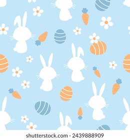 Seamless pattern with bunny rabbit cartoons, Easter eggs, carrot and daisy flower on blue background vector.