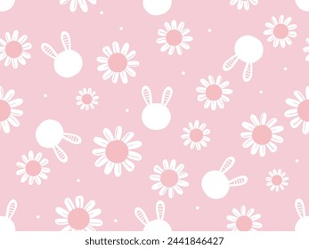 Seamless pattern with bunny rabbit cartoons and cute flower on pink background vector.