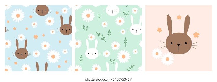 Seamless pattern with bunny rabbit cartoons, green leaves and daisy flower on blue and green backgrounds. Brown bunny and daisy icon sign vector. Cute childish print. 