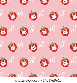 Seamless pattern with bunny rabbit cartoons strawberry on pink background