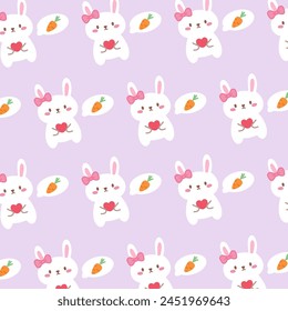 Seamless pattern with bunny rabbit cartoons, heart, cute carrot on violet background vector illustration.