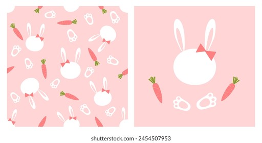 Seamless pattern with bunny rabbit cartoons, carrot and foot print on pink background vector.