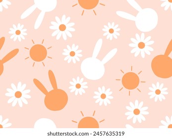 Seamless pattern with bunny rabbit cartoons, daisy flower and sun on pink background vector. Cute childish print.