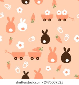 Seamless pattern with bunny rabbit cartoons, daisy flower, carrot, foot prints and garden cart  on orange background vector. Cute childish print.