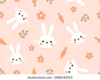 Seamless pattern with bunny rabbit cartoons, carrot, green leaves and cute flower on orange background vector.