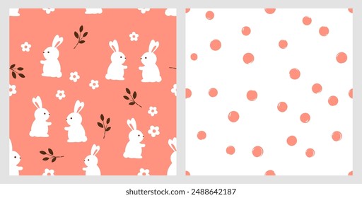 Seamless pattern with bunny rabbit cartoons, daisy flower and branch on orange background. Seamless pattern with hand drawn dot on white background vector.