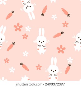 Seamless pattern with bunny rabbit cartoons, carrot and cute flower on orange background vector.