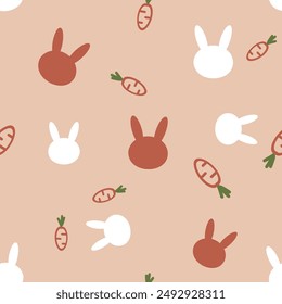 Seamless pattern with bunny rabbit cartoons and carrot on brown background vector.