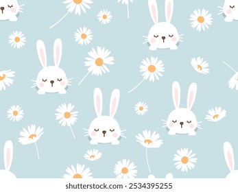 Seamless pattern with bunny rabbit cartoons and daisy flower on green background vector.